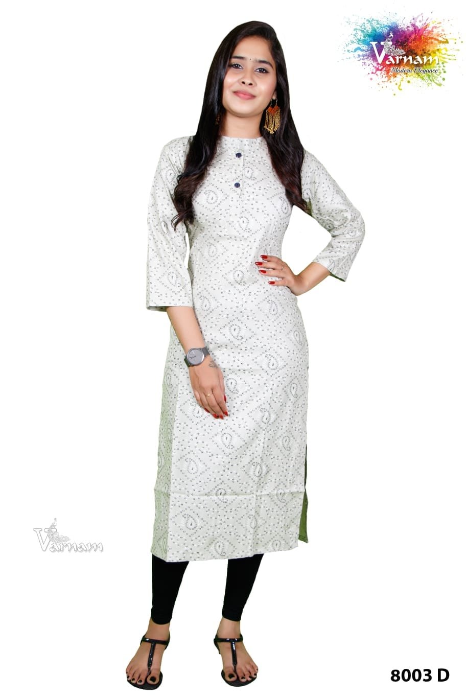 White Colored Rayon Straight Cut Kurti - 8003/D
