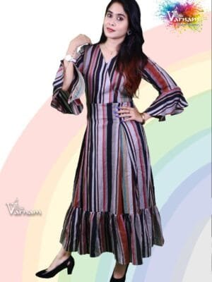 Black Stripe Pleated Kurta - 2076