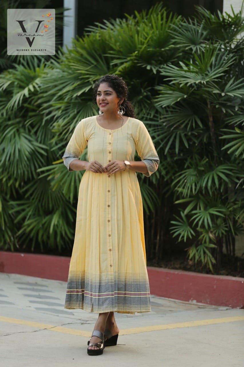 Yellow Colored Long Kurta with 3/4 th sleave - 3022