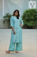 Blue Kurti with white stripe lines - 2074