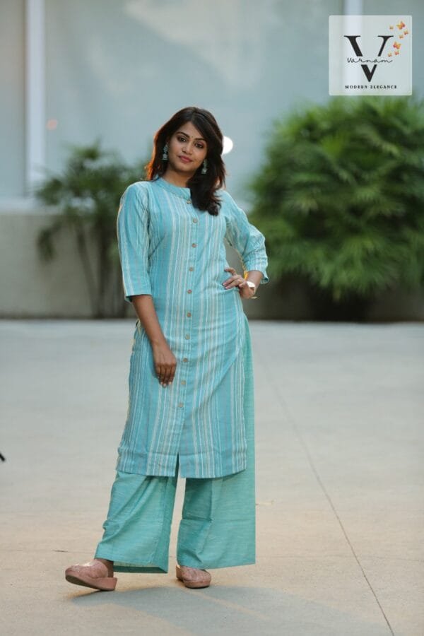 Blue Kurti with white stripe lines - 2074