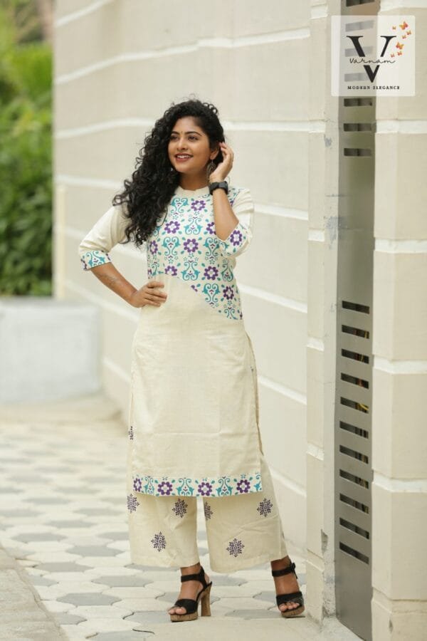 Khadi cotton printed straight line kurti with pant - 2004