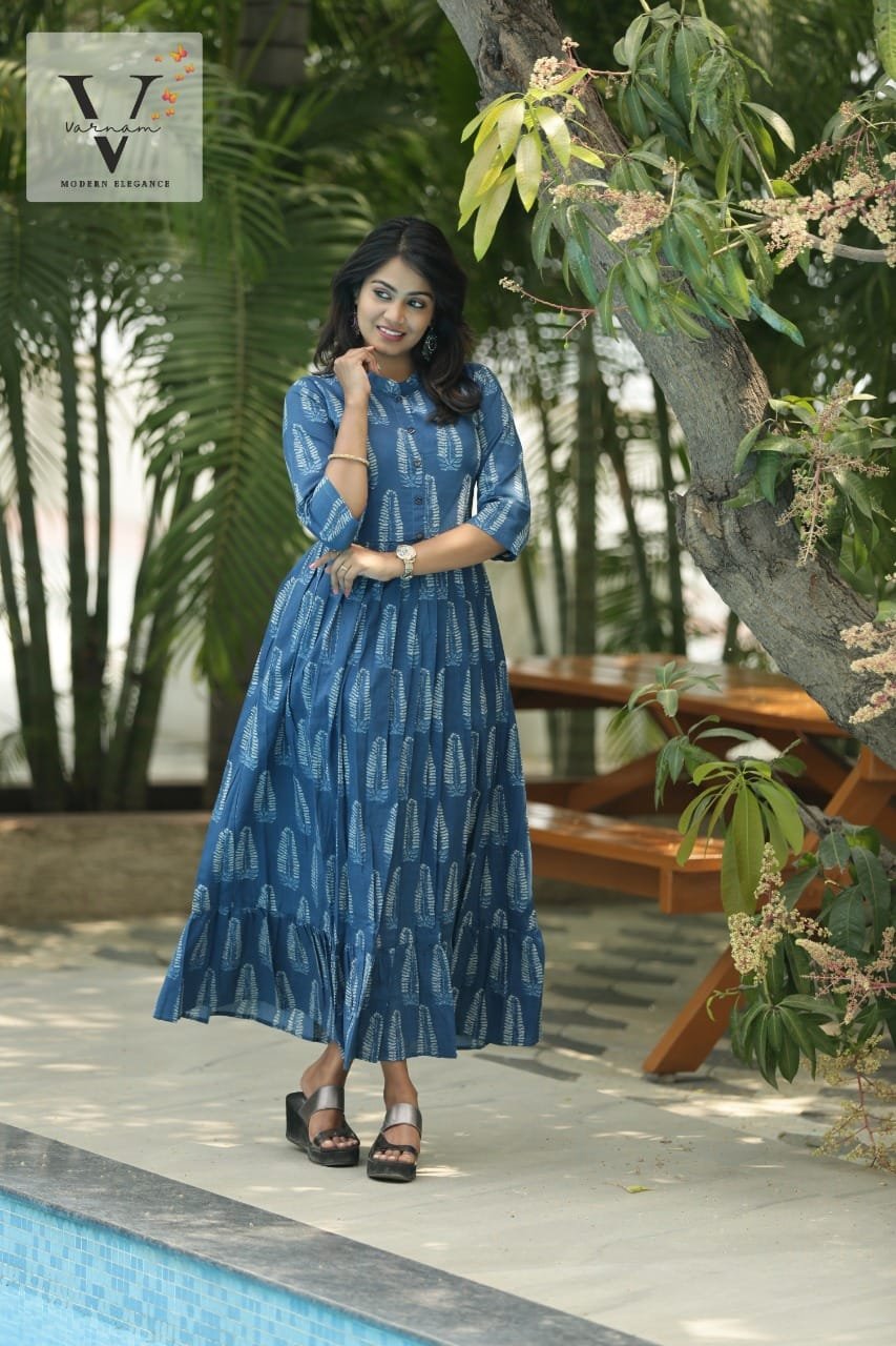 Corn print in indigo flared Kurti - 5017