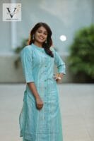 Blue Kurti with white stripe lines - 2074