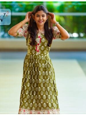 Olive Green Long Pleated Cotton Kurti - 5507