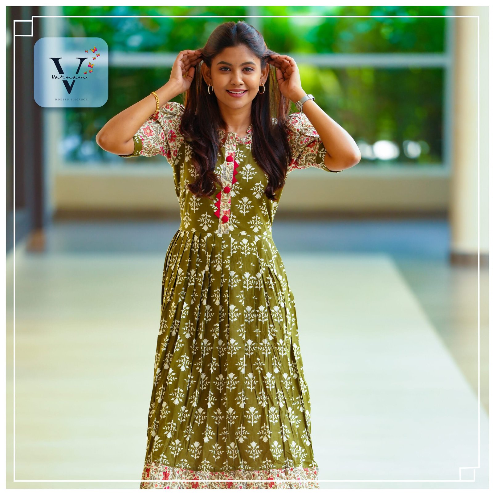 Olive Green Long Pleated Cotton Kurti - 5507