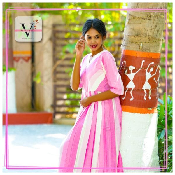 Pure Cotton Pink Striped ' V' neck Long Kurta - 5700