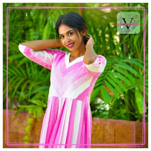 Pure Cotton Pink Striped ' V' neck Long Kurta - 5700