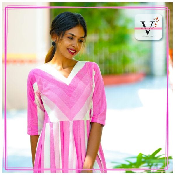 Pure Cotton Pink Striped ' V' neck Long Kurta - 5700
