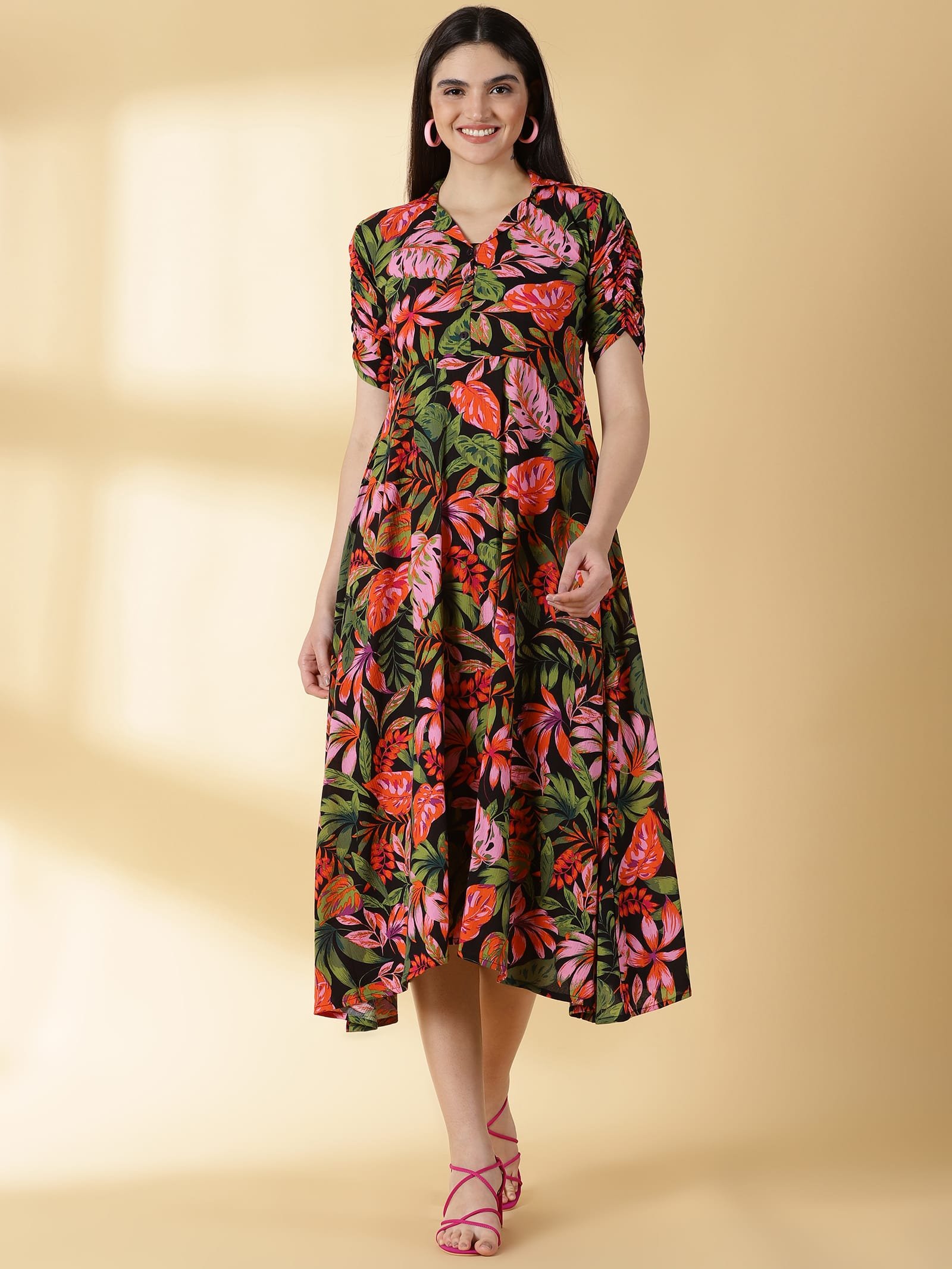 Black and Multi Colour Cotton Fabric - 4648