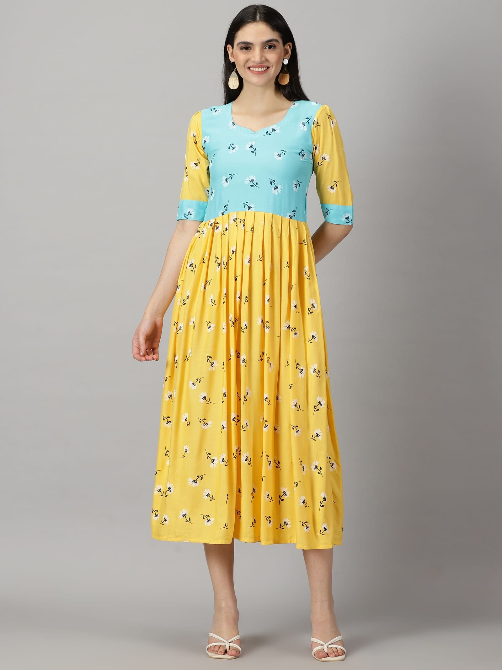 Viscose fabric with Yellow and Aqua Kurti - 4657