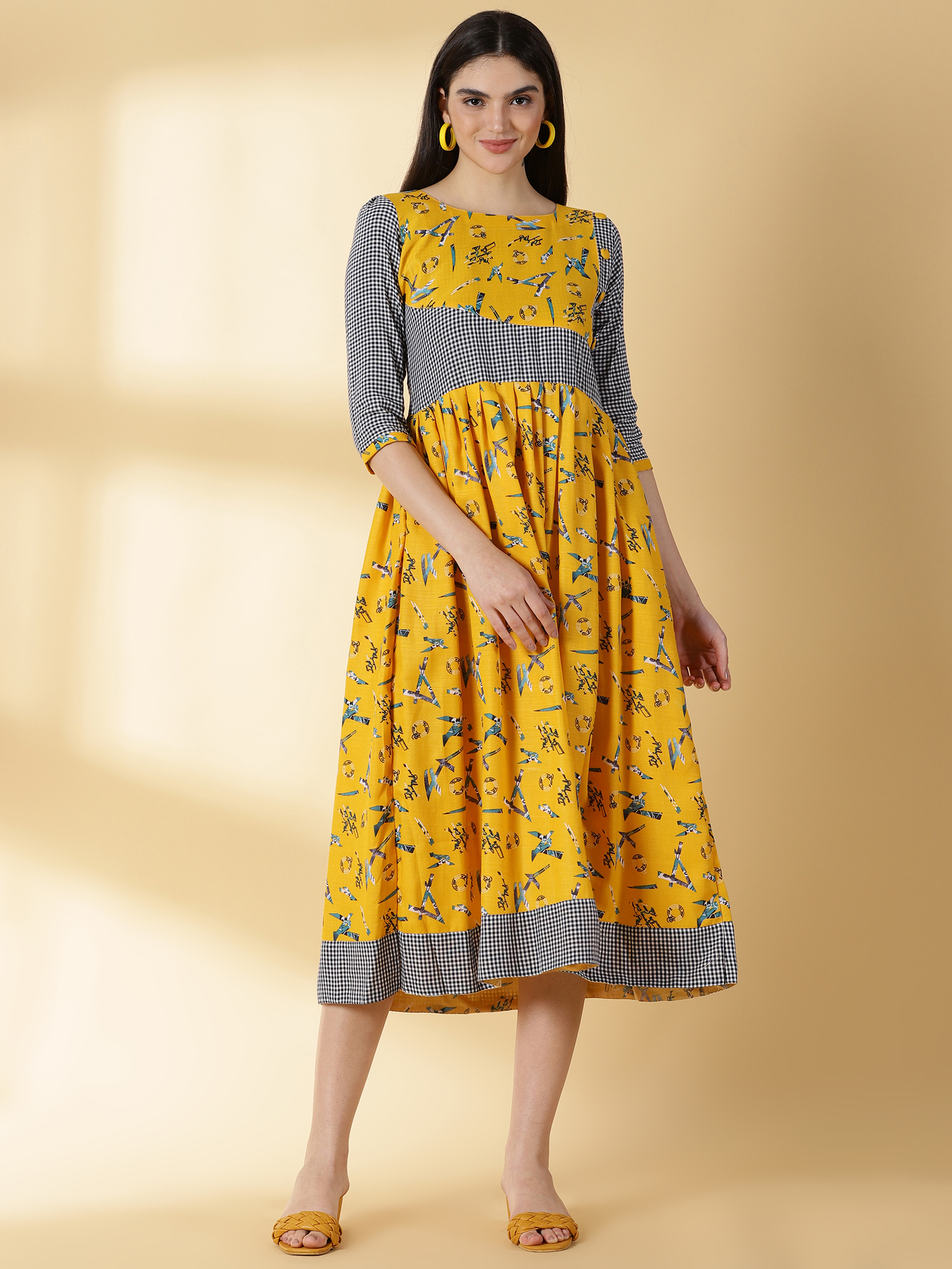 Straight Style Cotton Fabric Printed Yellow colour Kurta with Zari, Thread  & Sequence Bottom & Dupatta