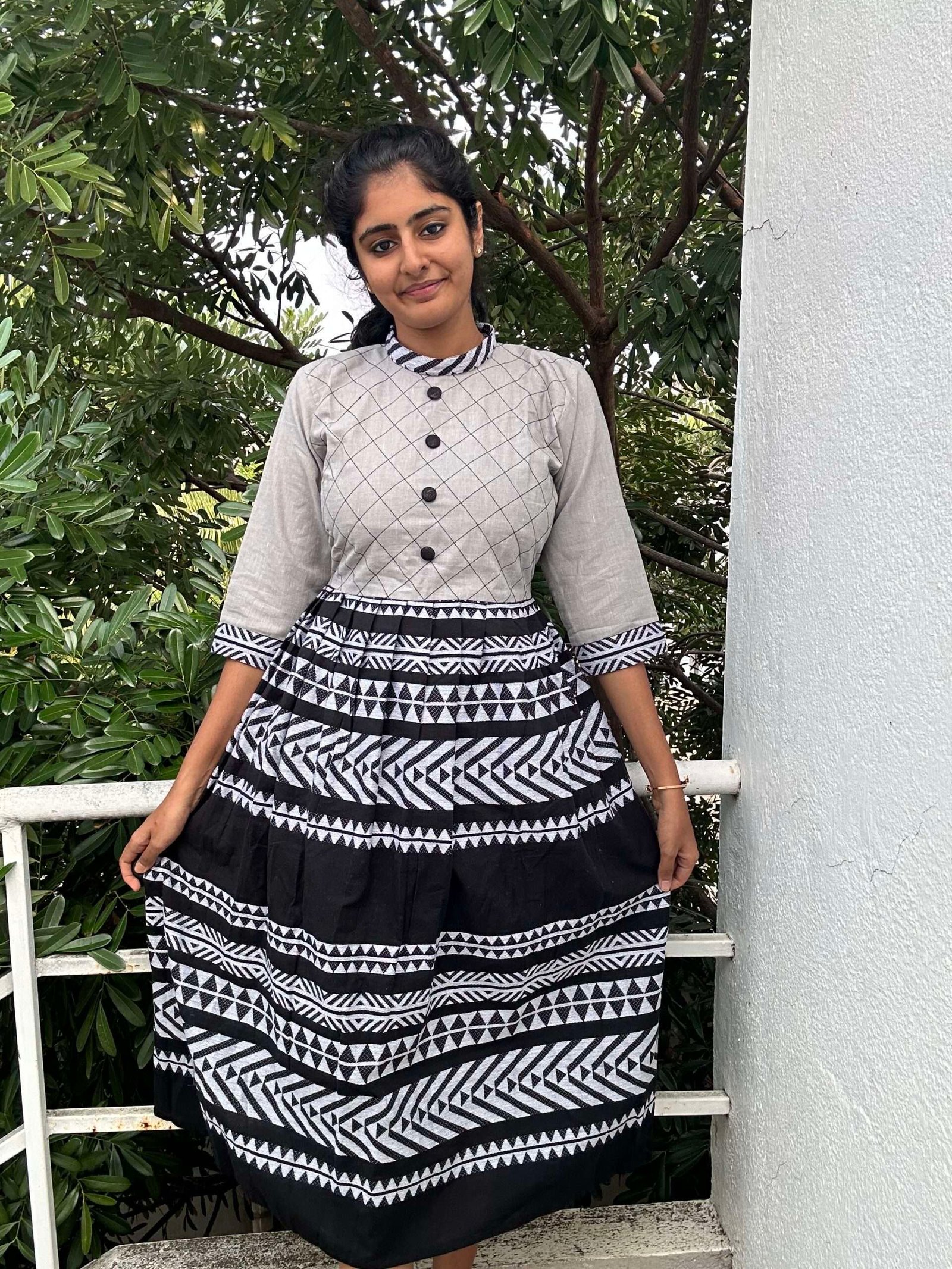 Gray Black Jacquard Cotton Kurti - 4682