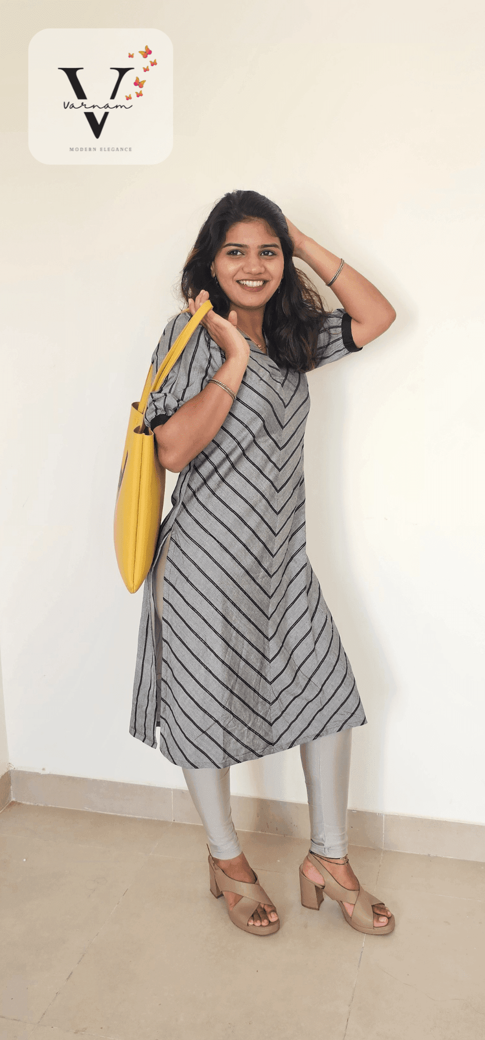 Gray With Navy Blue Stripe Kurti - 1P04