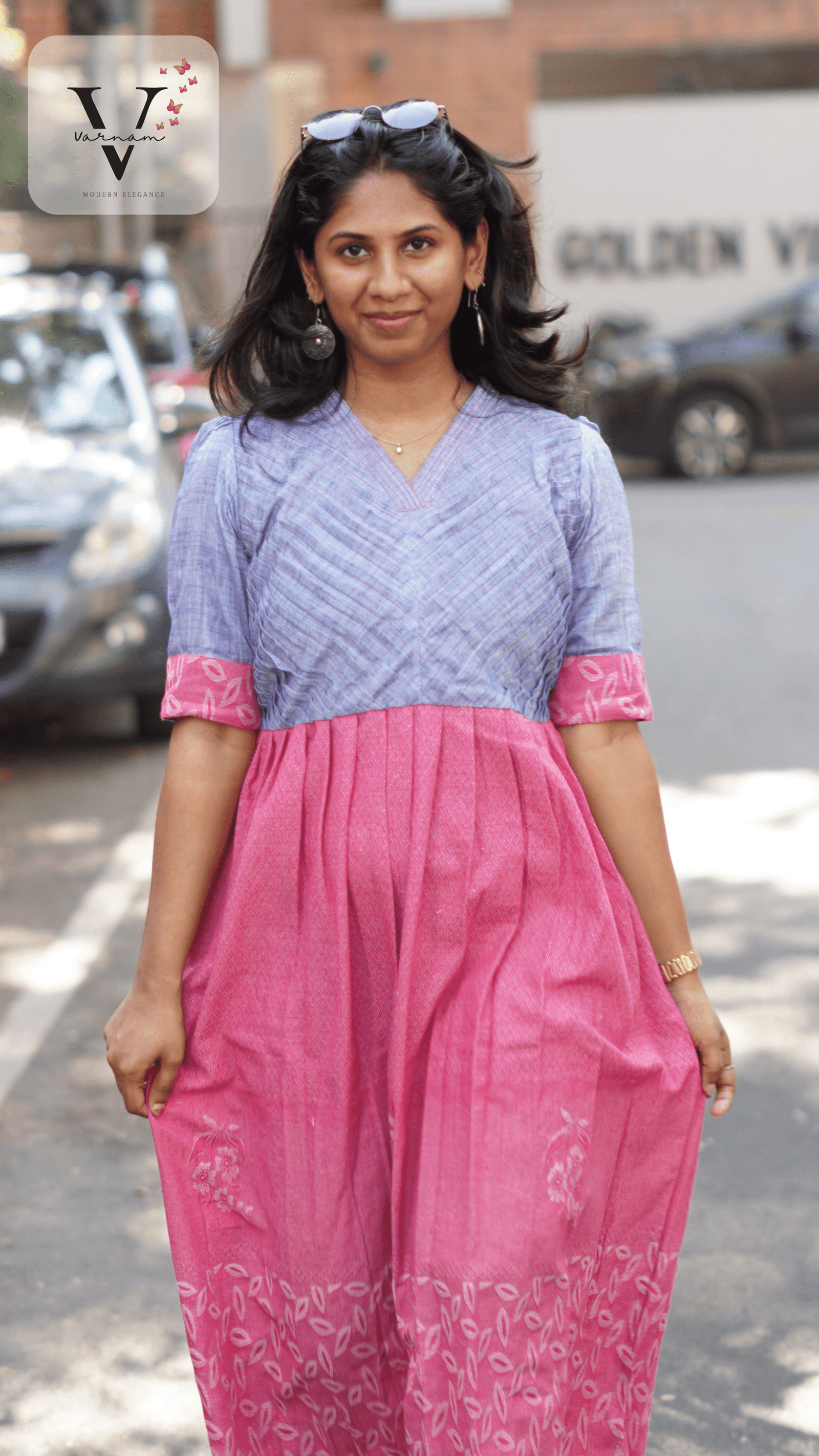 Blue with pink Jacquard Kurta - 1P21
