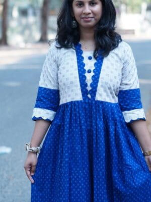 White with Blue V neck kurta - 1P26