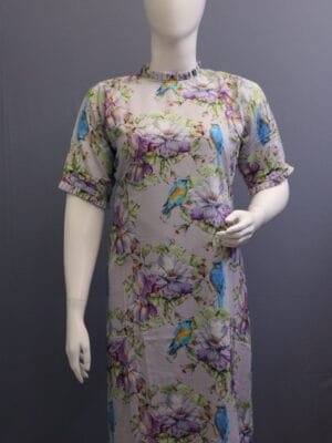 Lavender bird with flower print pleated sleeve and neck kurti - 2P19
