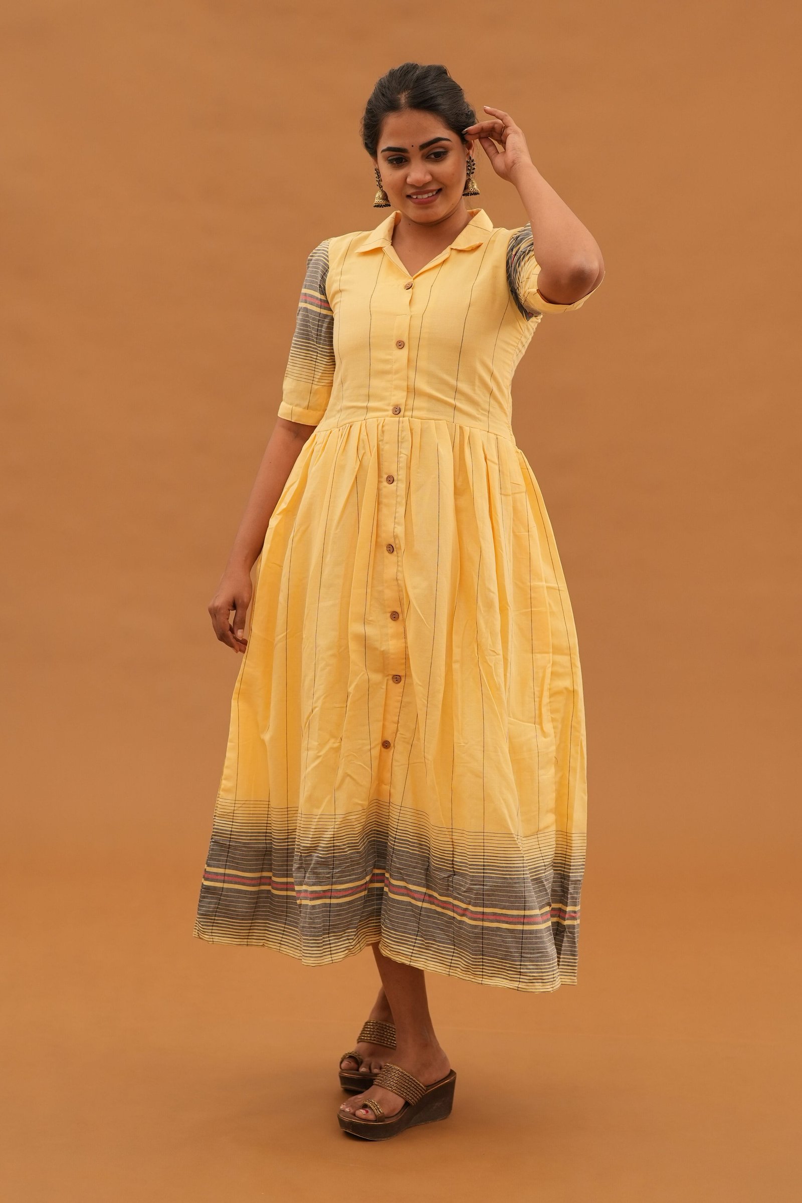 LIGHT YELLOW FLARED KURTI - A201