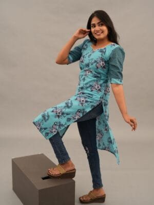LIGHT TEAL BLUE WITH GREY FLORAL-A208
