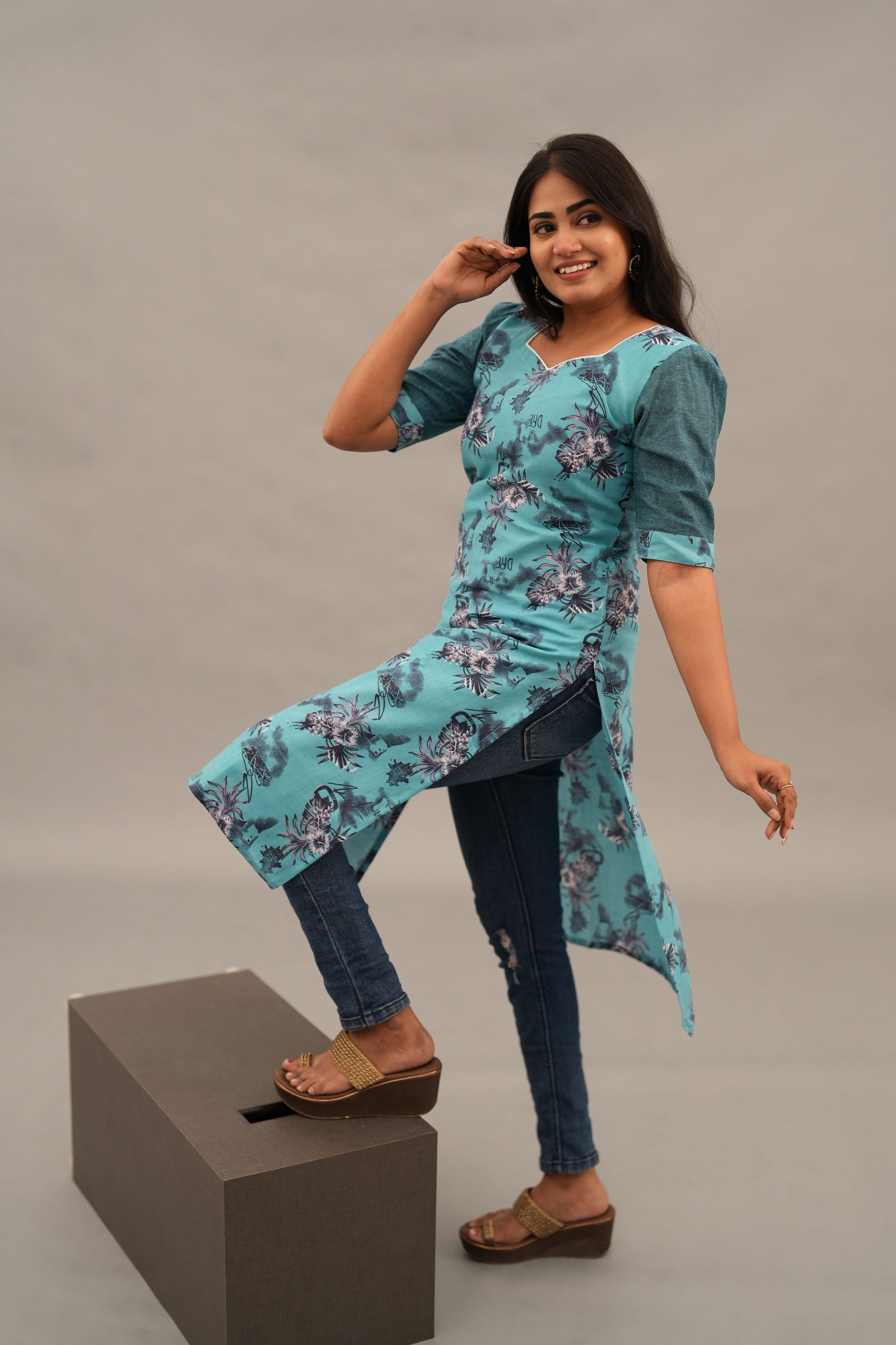 LIGHT TEAL BLUE WITH GREY FLORAL-A208