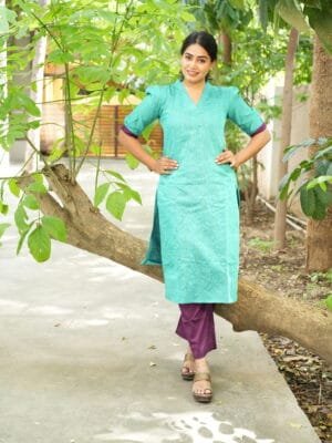 RAMAR GREEN WITH PURPLE BUTTA SET-W113