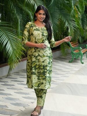 GREEN WITH BEIGE CO ORD COTTON SET-W102