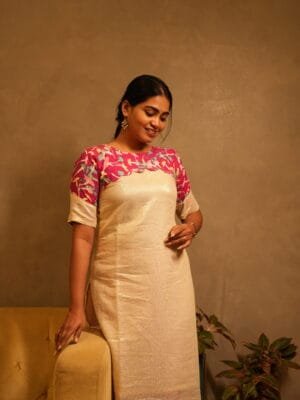 GOLDEN TISSUE WITH PINK FLAROL KURTHI-T114