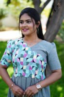 GRAY WITH MULTI CLR SCALLOP NECK PATTERN FROCK-F122