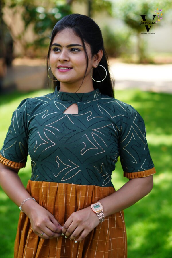 DARK GREEN EMBROIDERED AND BROWN CHECKED FROCK-F127