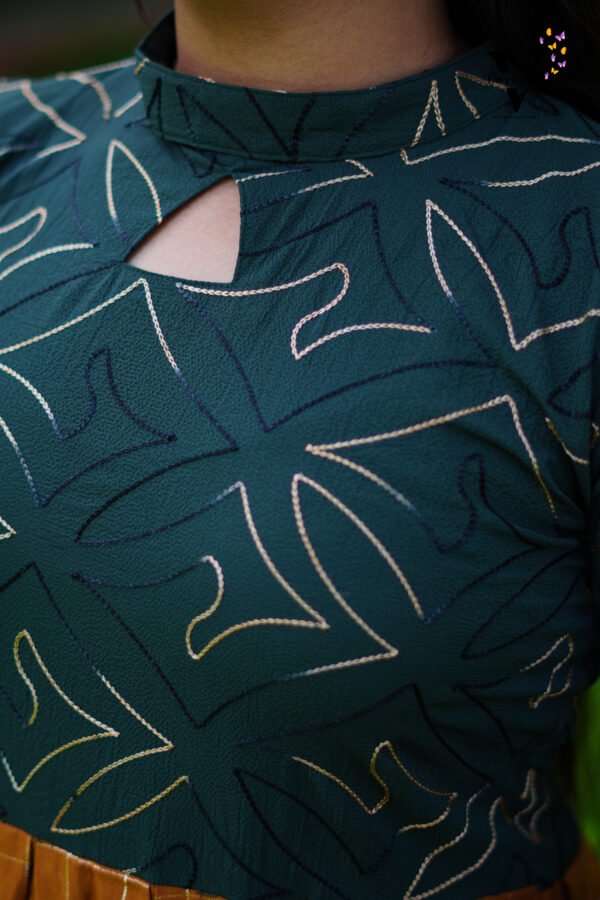 DARK GREEN EMBROIDERED AND BROWN CHECKED FROCK-F127