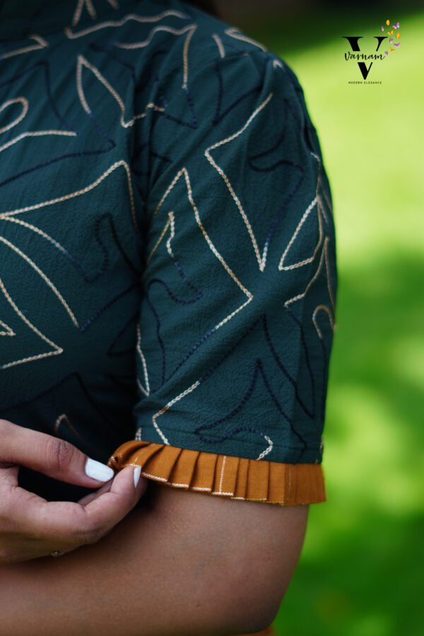 DARK GREEN EMBROIDERED AND BROWN CHECKED FROCK-F127