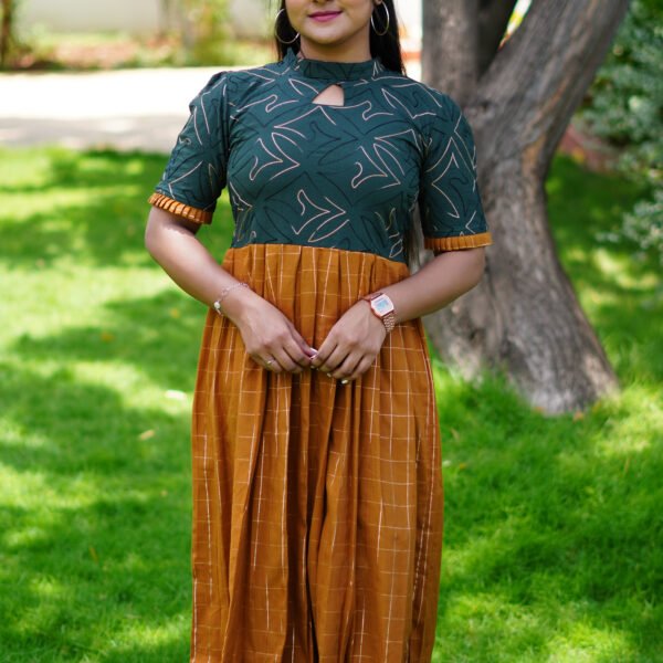 DARK GREEN EMBROIDERED AND BROWN CHECKED FROCK-F127