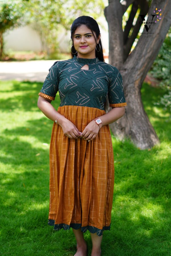 DARK GREEN EMBROIDERED AND BROWN CHECKED FROCK-F127