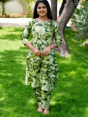 GREEN WITH BEIGE CO ORD COTTON SET-W102