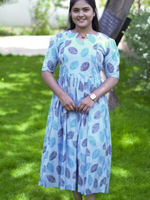 BLUE WITH LEAF DESIGN FROCK-M133