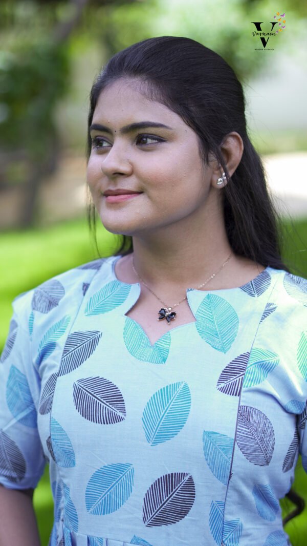 BLUE WITH LEAF DESIGN FROCK-M133