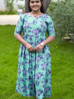 GREEN WITH BLACK FLORAL MATERNITY FROCK-M127