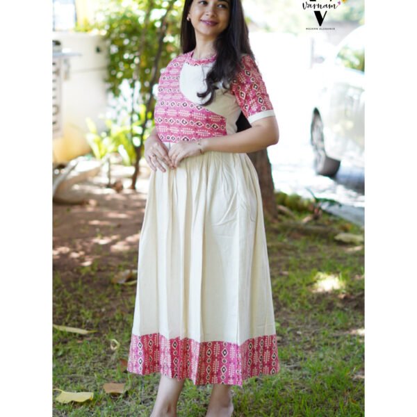 BEIGE AND PINK PRINT UMBERLLA FROCK -1499