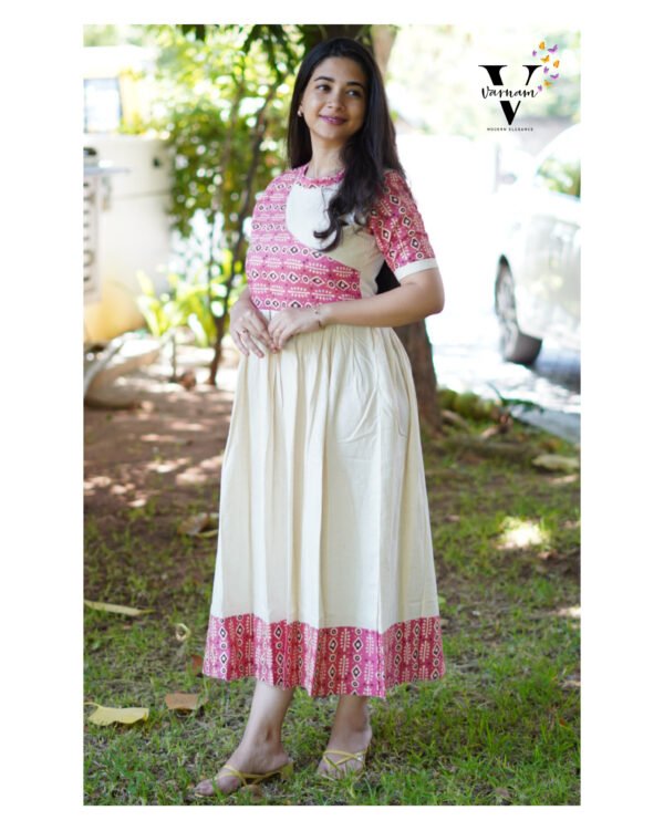 BEIGE AND PINK PRINT UMBERLLA FROCK -1499