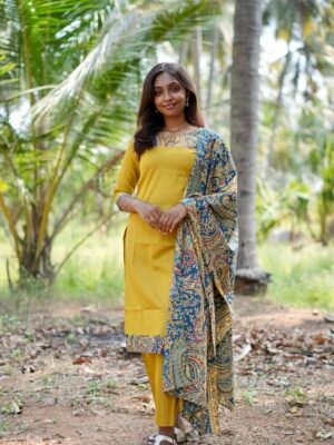 MUSTARD WITH BLUE KALAMKARI DUPPATTA - BST134
