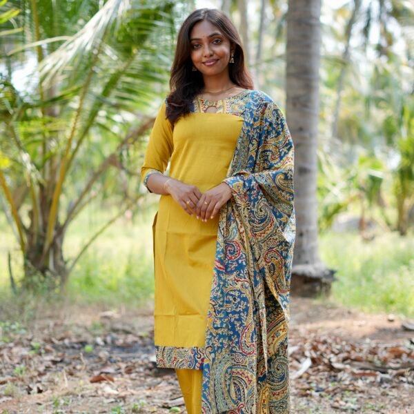 MUSTARD WITH BLUE KALAMKARI DUPPATTA - BST134